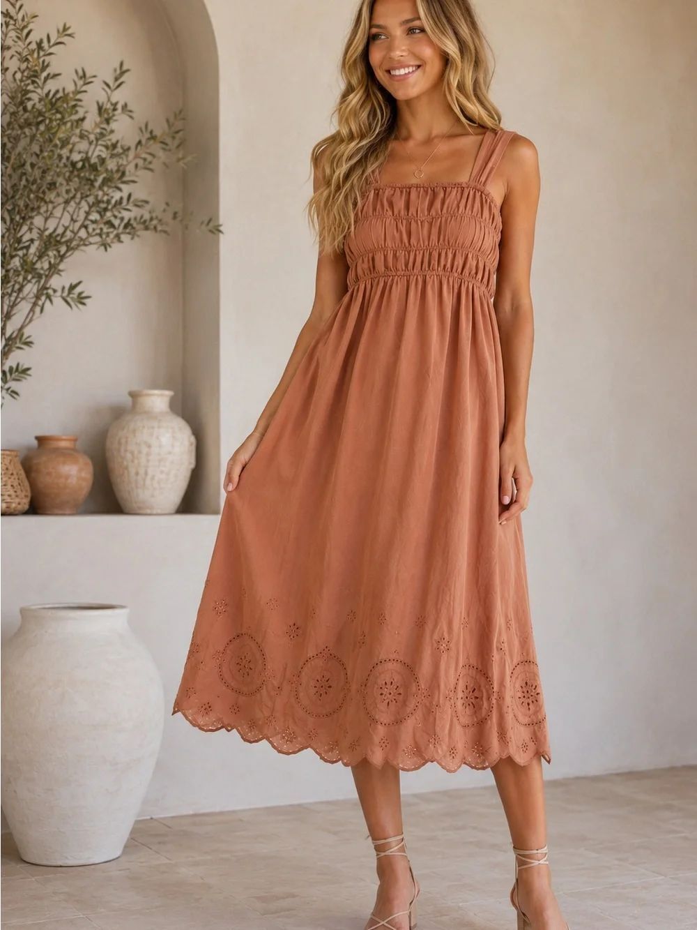 Moon River Smocked Embroidered Midi Dress – Size Small